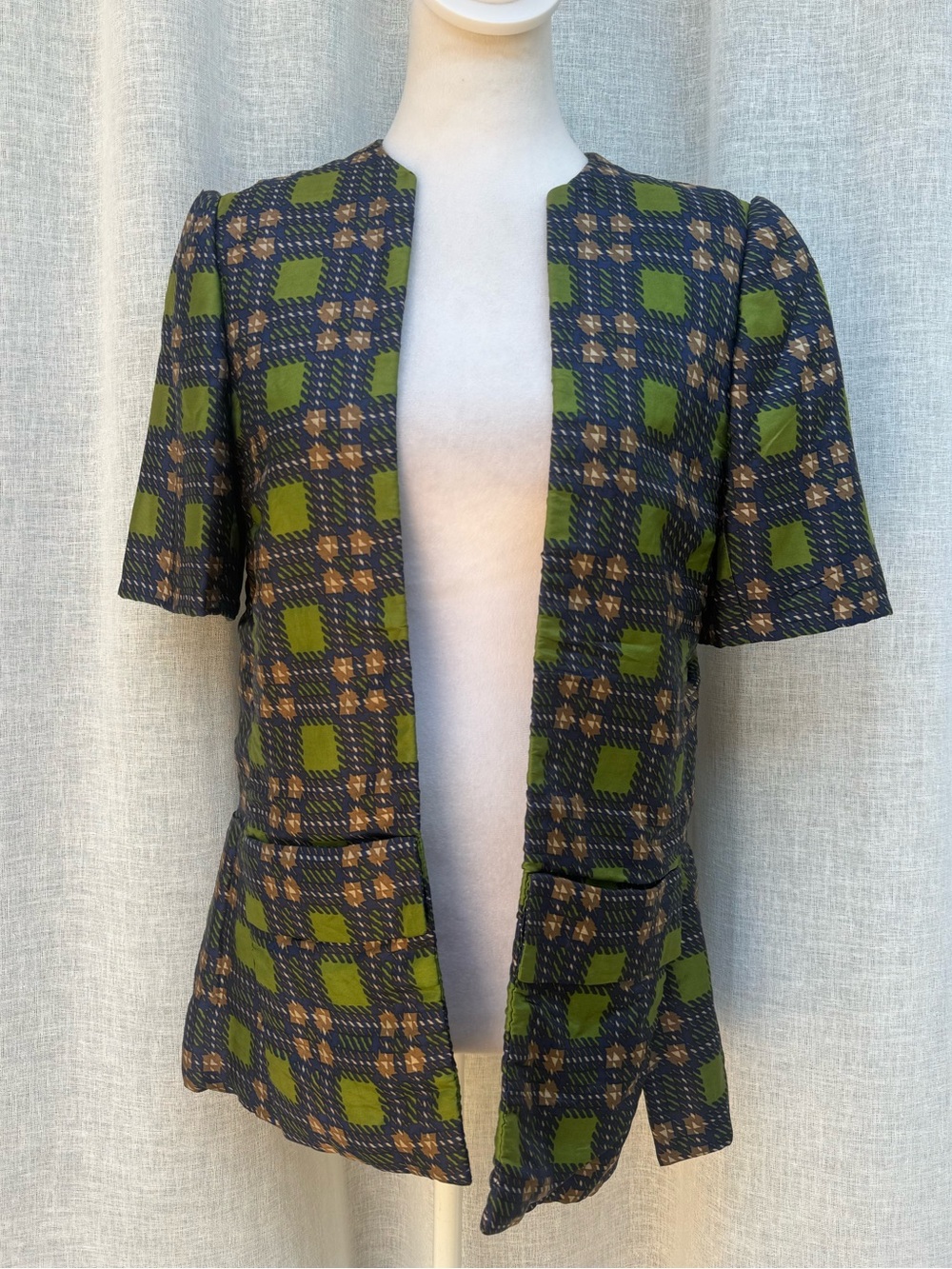 1960-70 Cardinali green purple plaid silk open front short sleeve jacket